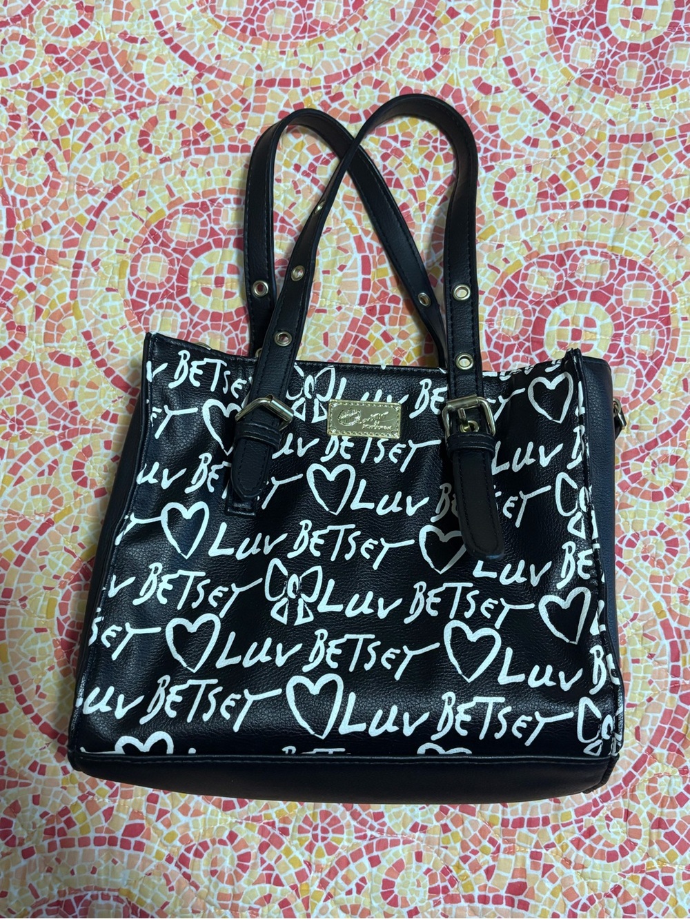 Luv Betsey by Betsey Johnson Black White Graffiti Hearts Tote Shoulder Bag